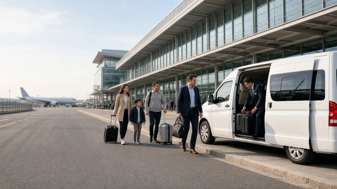 Conductor recibiendo viajeros con maletas junto a una van en el aeropuerto