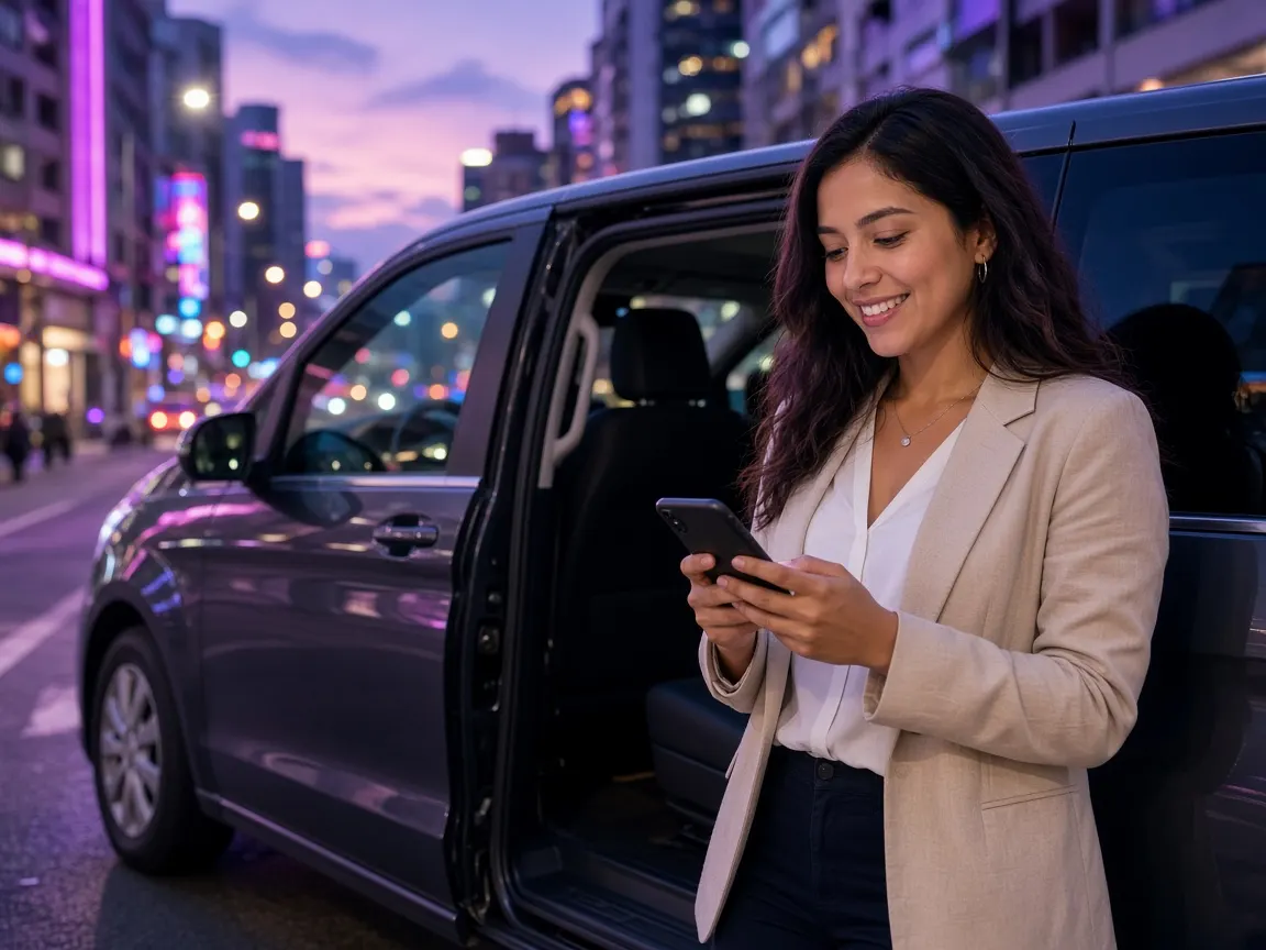 Mujer reservando una van desde su celular en la ciudad