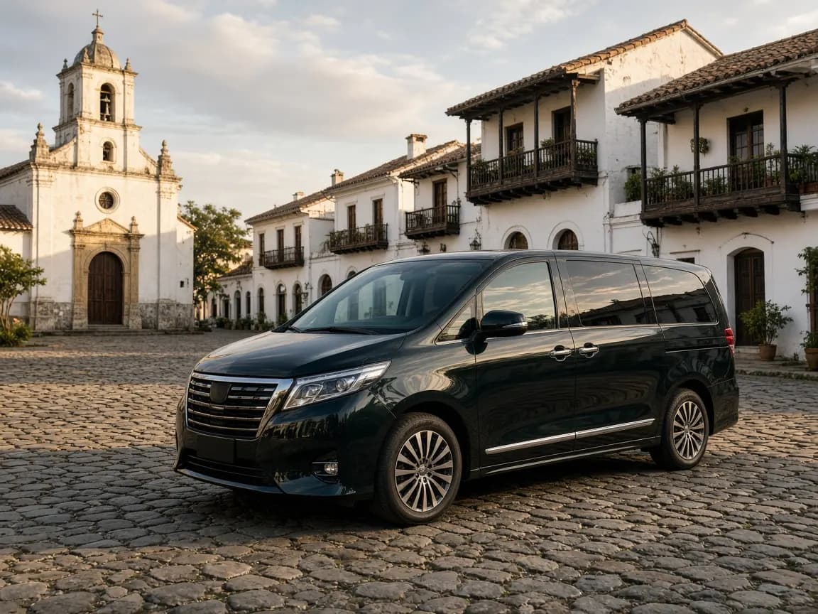 Van de lujo en la plaza de un pueblo colonial
