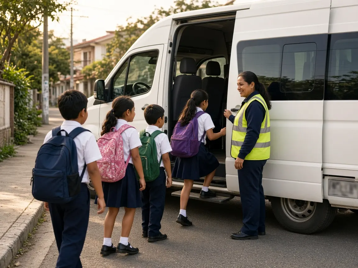 Niños subiendo a la ruta escolar con la monitora