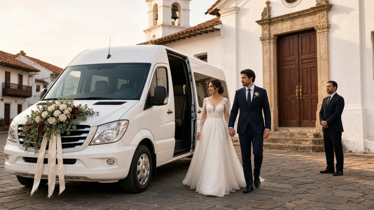 Novios caminando hacia una van decorada con flores frente a una iglesia colonial