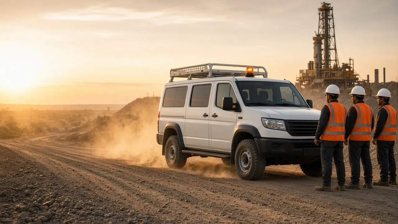 Vehículo 4x4 de transporte de personal en un campo petrolero con trabajadores con casco