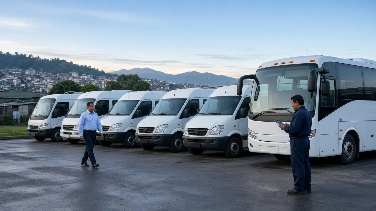 Flota de vans y buses blancos en el patio de la empresa